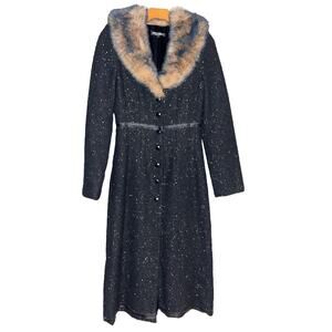 Betsey Johnson New York Black & Gild Shimmer Duster Coat, faux fur lapel size‎ S